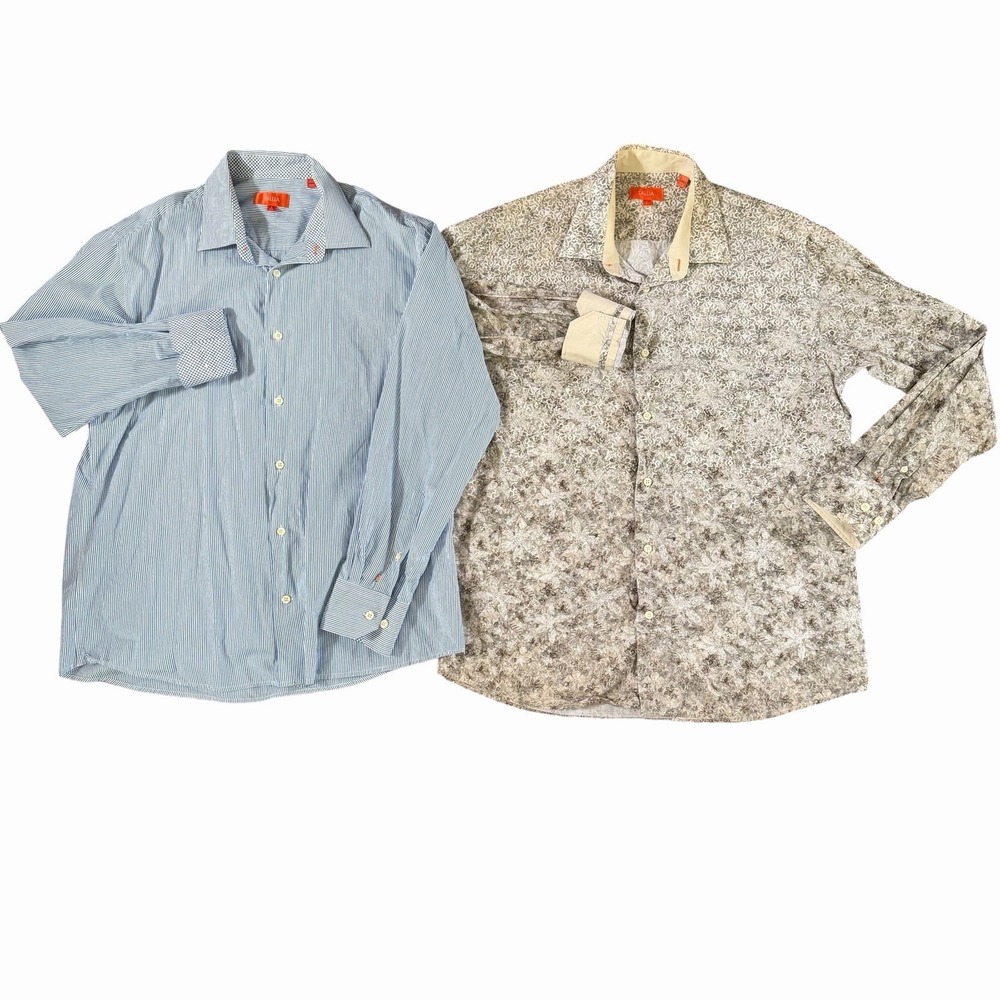 Lot-2 Tallia Floral Tan Striped Blue Button Up Flip Cuff  Shirt‎ Mens L Casual
